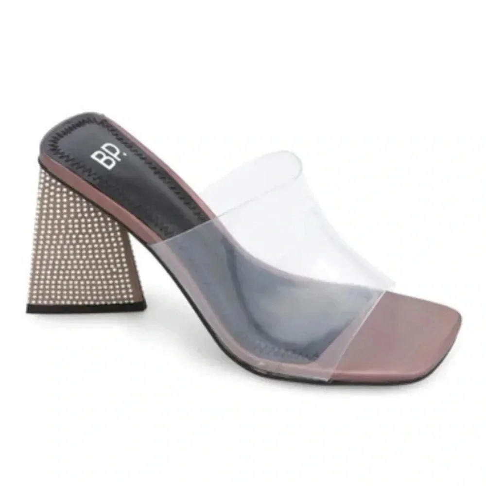 BP Rhinestone Block Heel Clear Strap Iridescent Square Toe Mule Sandals Sz 7 NEW